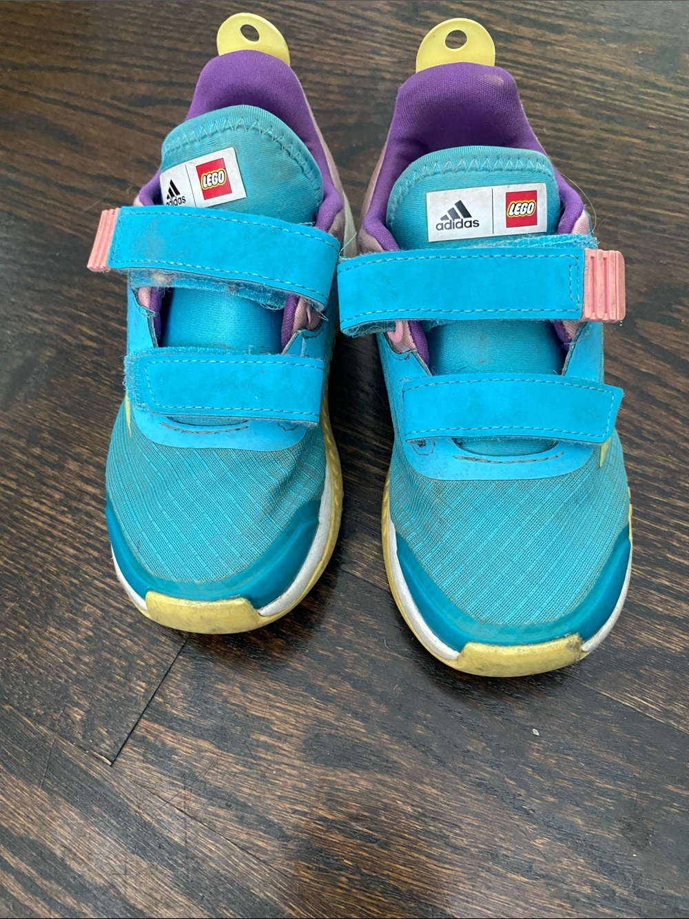 adidas Kids Teal and Purple Sneakers with Yellow Accents